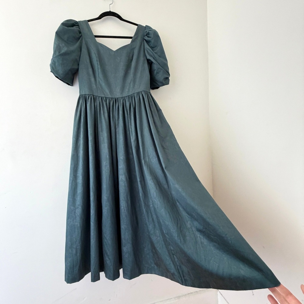 Vintage Laura Ashley Dress 12 Great Britain Green Puff Sleeve Cottagecore Midi